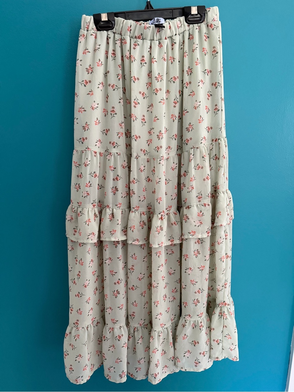 Tiered Maxi Skirt in Mint with Pink Floral Print